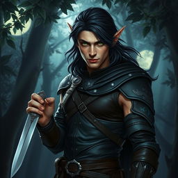 A striking male elf rogue, clad in dark leather armor that hugs his athletic frame, with intricate stitching and subtle hints of green and silver embellishments