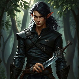 A striking male elf rogue, clad in dark leather armor that hugs his athletic frame, with intricate stitching and subtle hints of green and silver embellishments