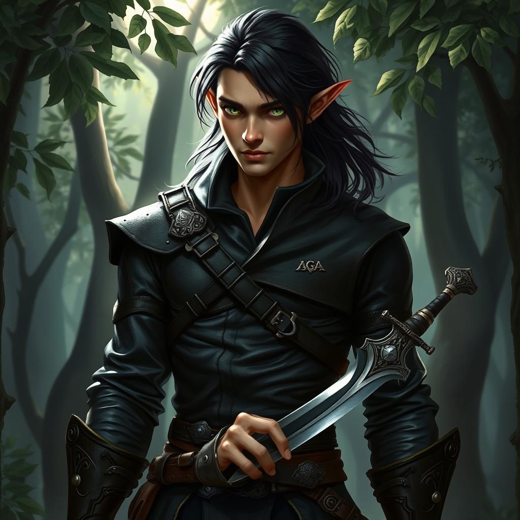 A striking male elf rogue, clad in dark leather armor that hugs his athletic frame, with intricate stitching and subtle hints of green and silver embellishments