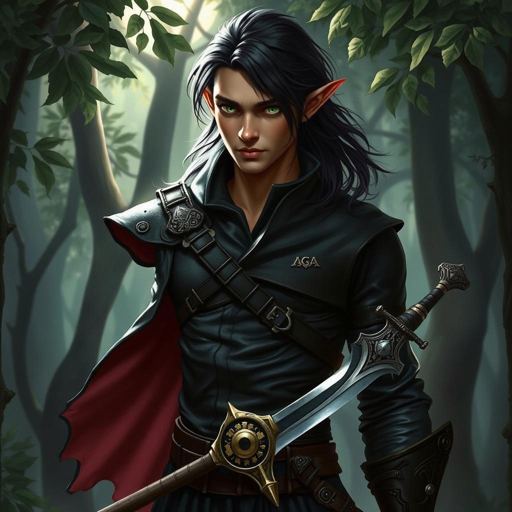 An enchanting male elf rogue, exuding confidence and intrigue, dressed in a sleek black leather outfit adorned with subtle metallic embellishments