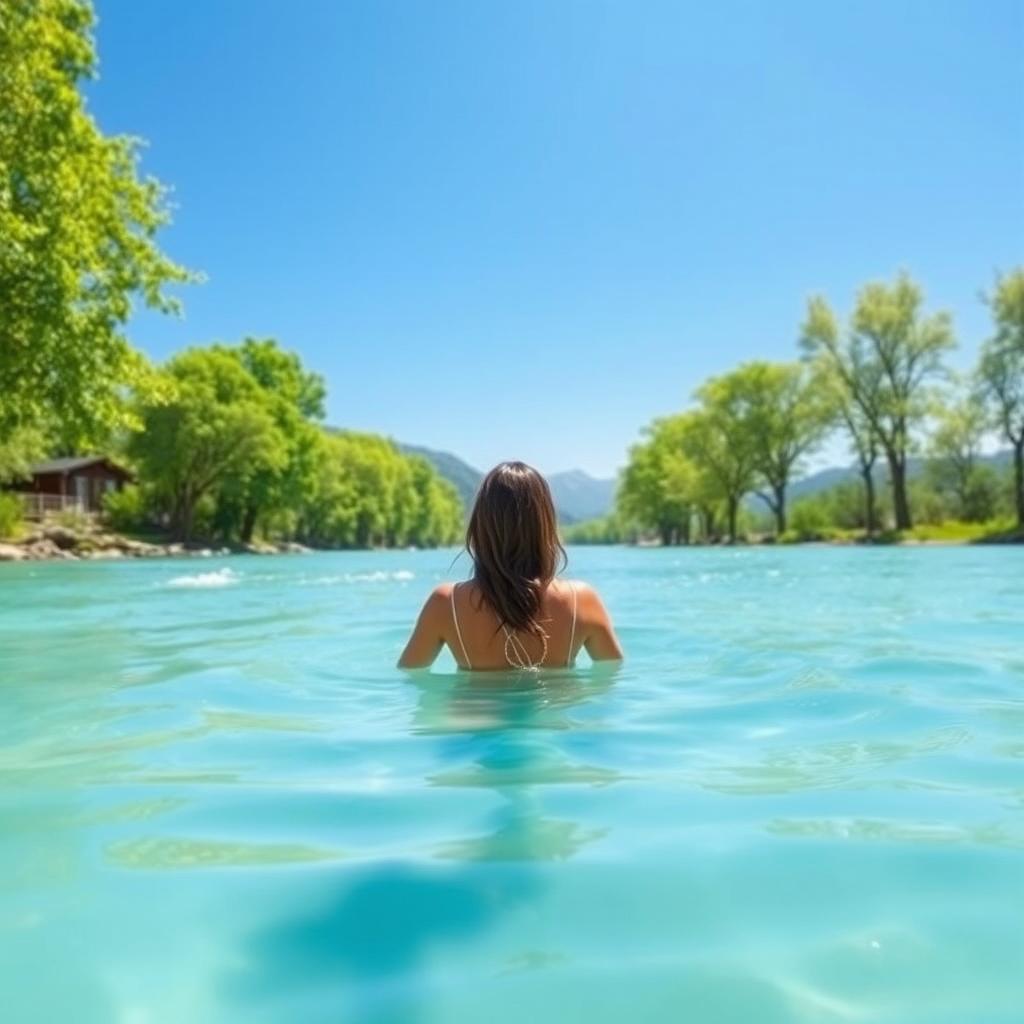 A woman taking a bath in a wide, serene river