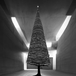 Monochrome, avant-garde architectural photograph of a large, beautifully structured concrete room with a stylishly unconventional Christmas tree.