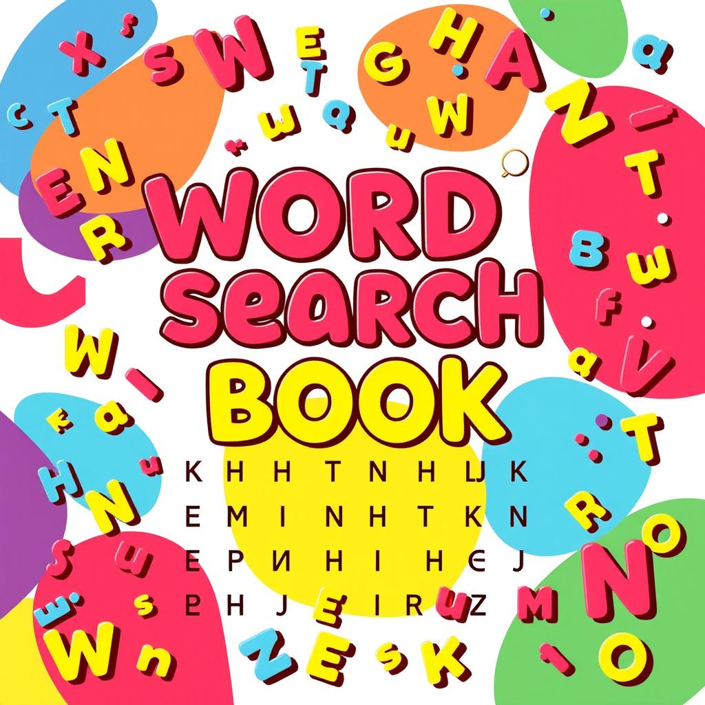 A colorful and engaging front cover background for a word search book, featuring a playful design with letters scattered throughout in vibrant colors like red, blue, yellow, and green