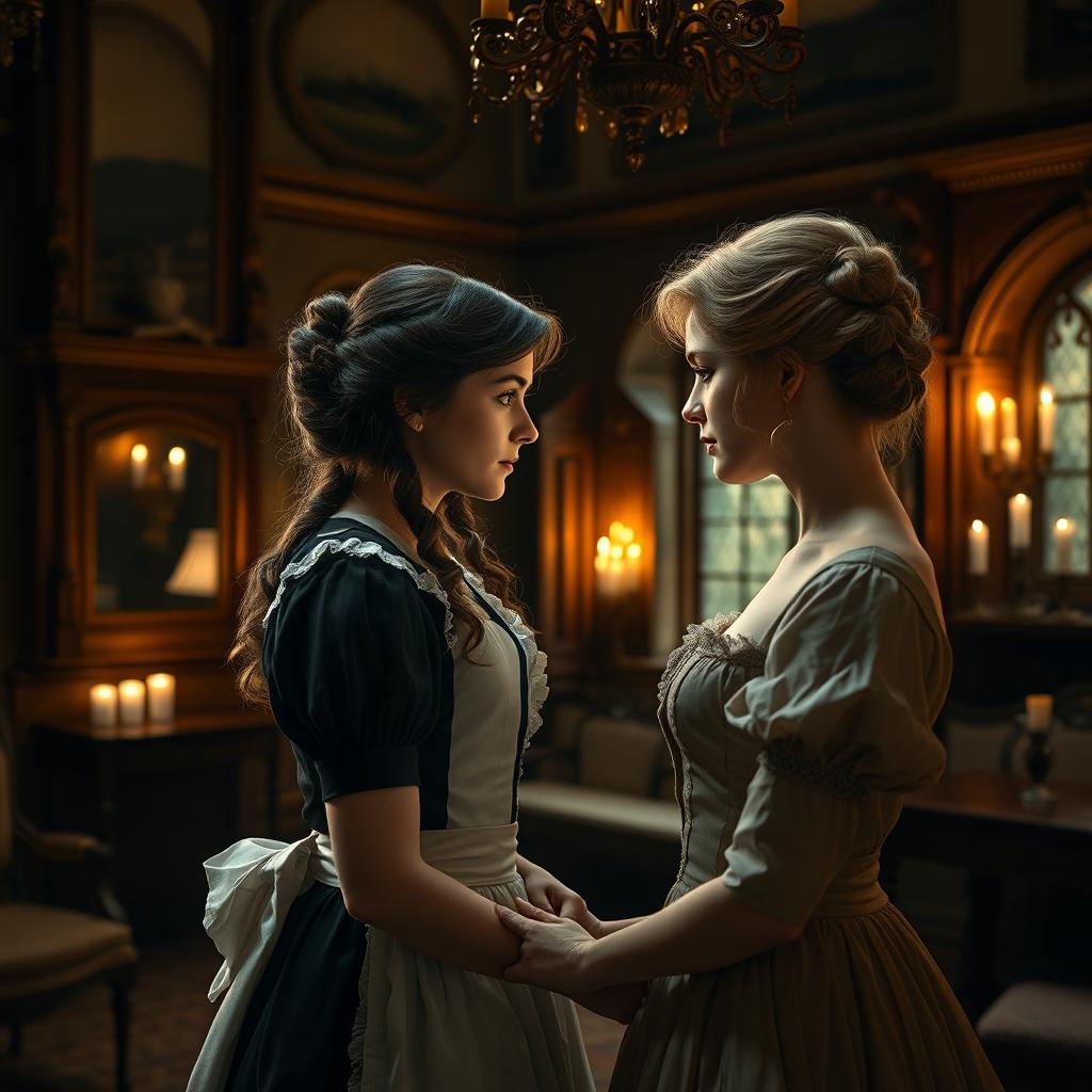 In a late 19th century English countryside manor, the scene captures an intense yet forbidden emotional connection between Ivy, a young maid, and Claire, the sister of the manor's owner