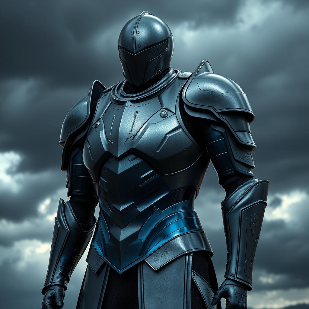 A sleek and futuristic plate armor design, showcasing smooth lines and a shiny metallic finish