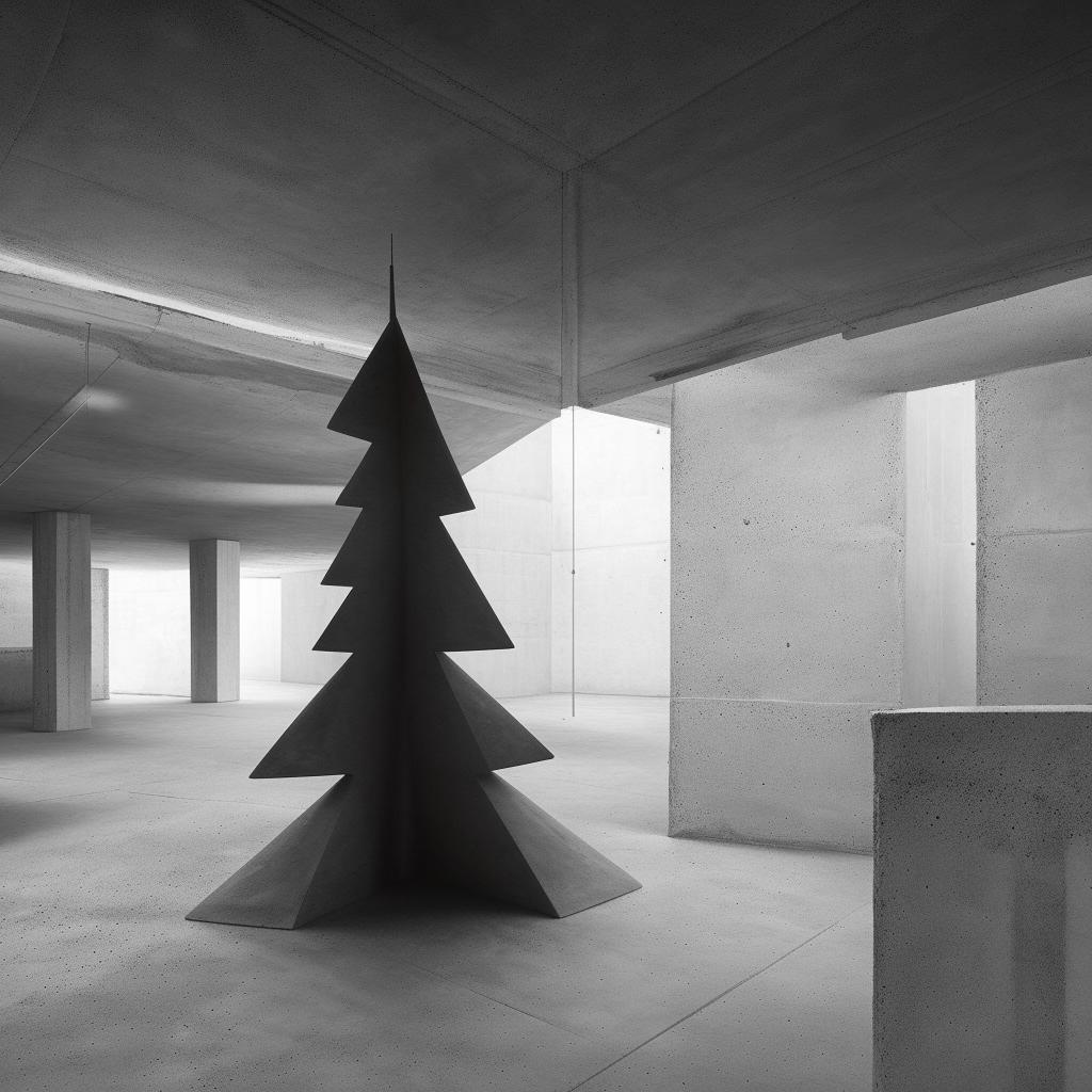 Monochrome, avant-garde architectural photograph of a large, beautifully structured concrete room with a stylishly unconventional Christmas tree.