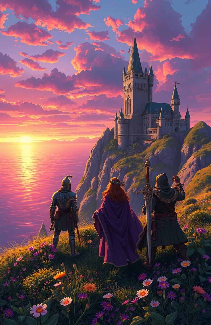 A captivating scene from a novel, depicting a vast fantasy landscape with a towering castle situated on a cliff overlooking a shimmering ocean