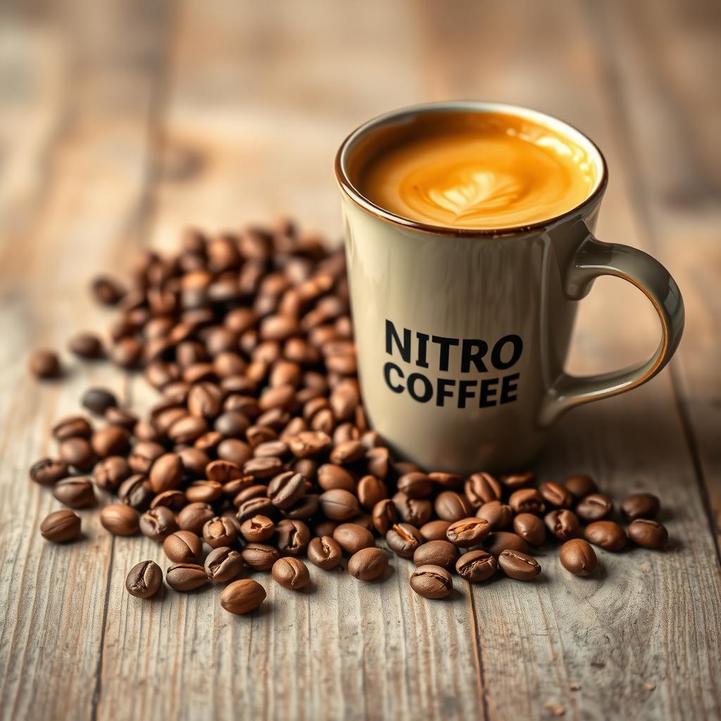A beautiful arrangement featuring roasted coffee beans spread out on a rustic wooden surface next to an elegant coffee cup filled with creamy Nitro Coffee