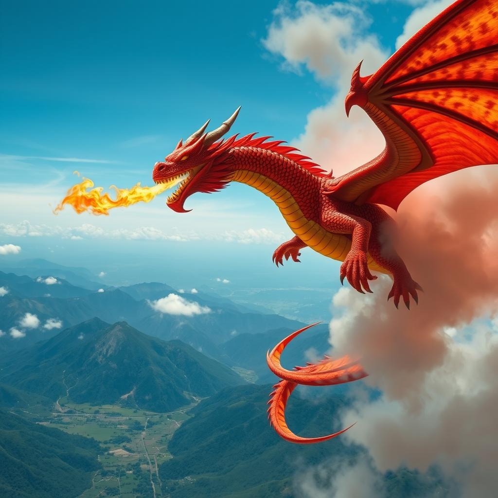 A majestic fiery dragon soaring through the sky, its scales shimmering with hues of red, orange, and gold, flames swirling from its mouth as it breathes fire