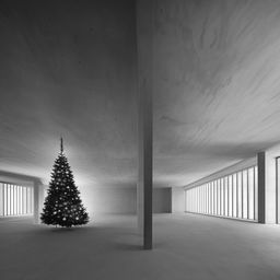 Monochrome, avant-garde architectural photograph of a large, beautifully structured concrete room with a stylishly unconventional Christmas tree.