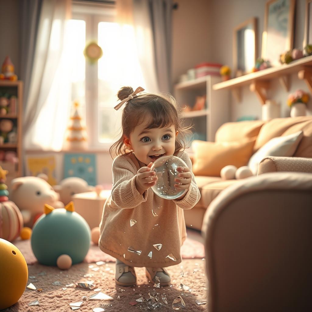 An enchanting scene depicting a little girl, full of wonder, accidentally breaking a glass ornament in a cozy, warmly-lit living room filled with colorful toys and plush furniture