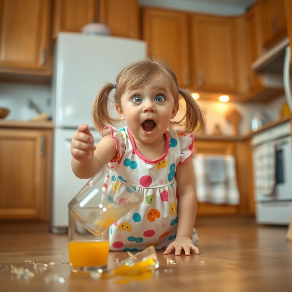 A playful scene showing a little girl with a surprised expression as she accidentally breaks a glass cup