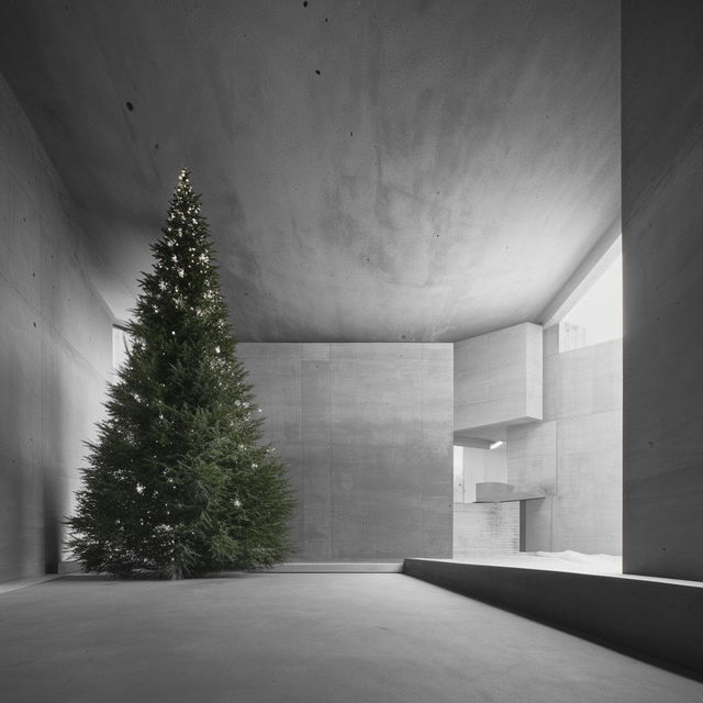 Monochrome, avant-garde architectural photograph of a large, beautifully structured concrete room with a stylishly unconventional Christmas tree.