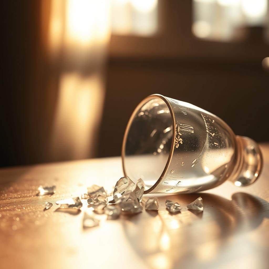 A close-up of a broken glass cup lying on a wooden table, with shards of glass scattered around it