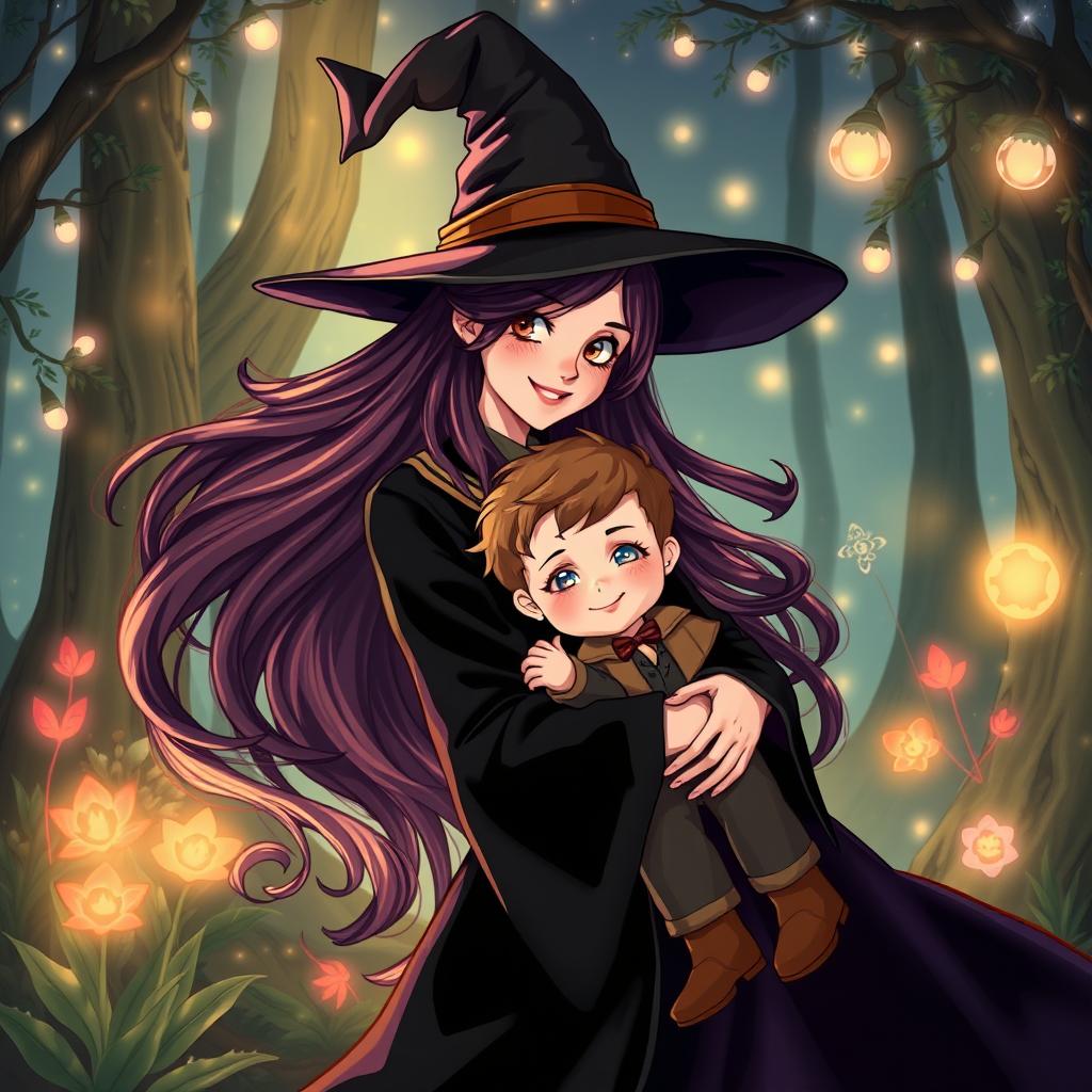 A beautifully illustrated scene featuring a stunning female witch with long, flowing hair, dressed in an elegant black robe and a pointed hat, gently carrying a young boy in her arms