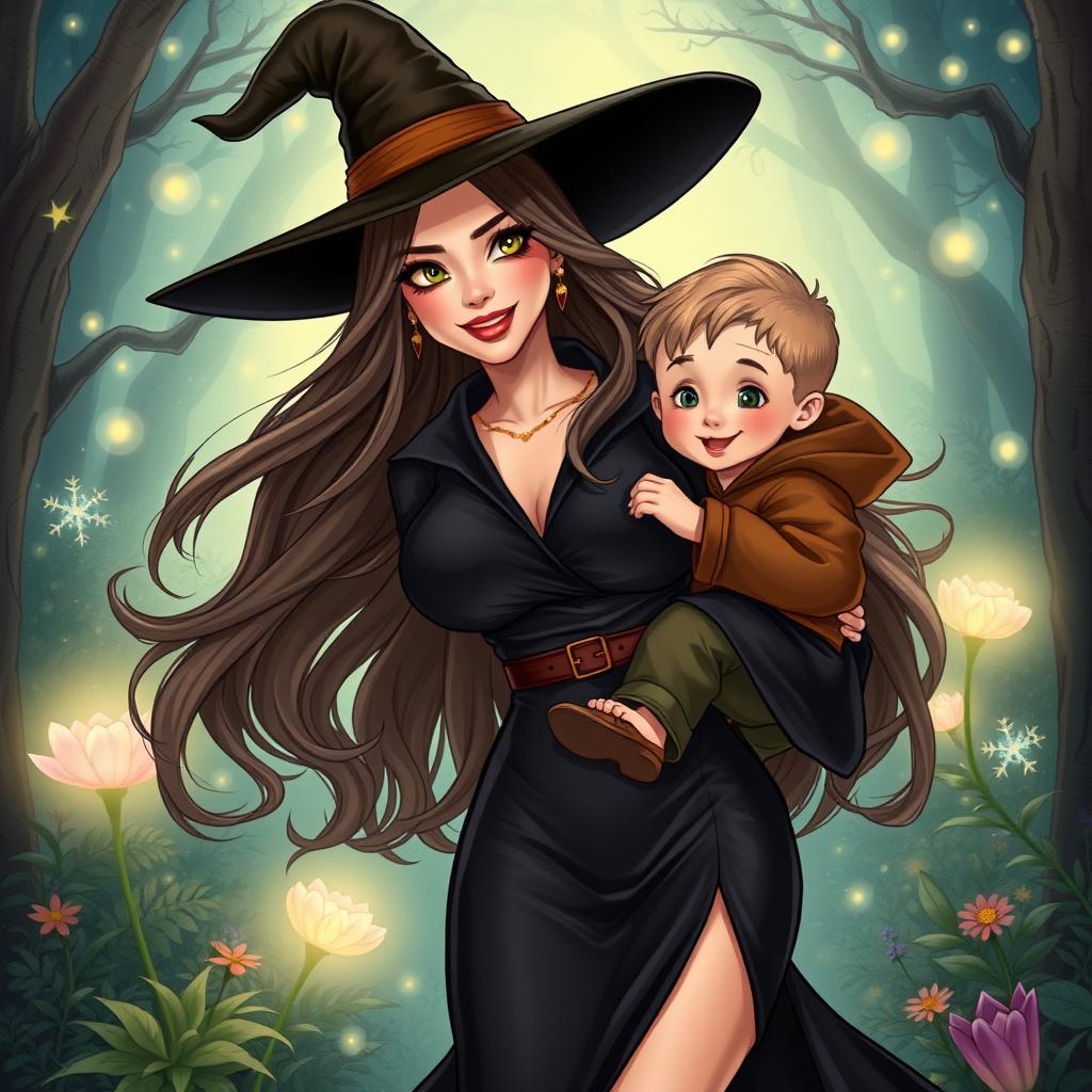 A captivating illustration of a beautiful and alluring witch with long, flowing hair, dressed in a stylish, form-fitting black robe that highlights her curves, and a classic pointed hat