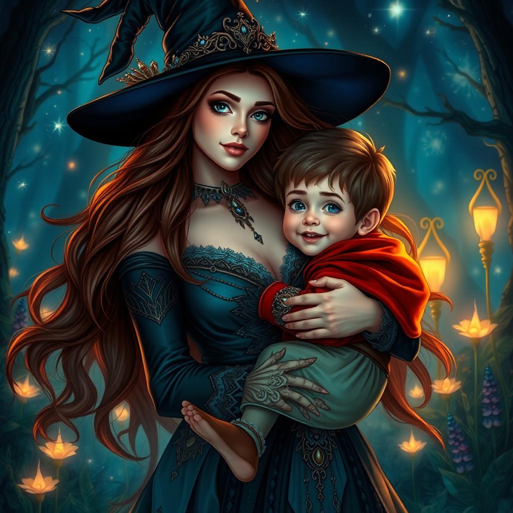 A captivating and enchanting scene featuring a stunningly beautiful witch with long, flowing hair, dressed in an alluring yet elegant outfit with intricate details, gently cradling a young boy in her arms