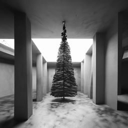 Abstract, avant-garde, monochrome architectural photograph of a stylized Christmas tree within a beautifully structured concrete room.