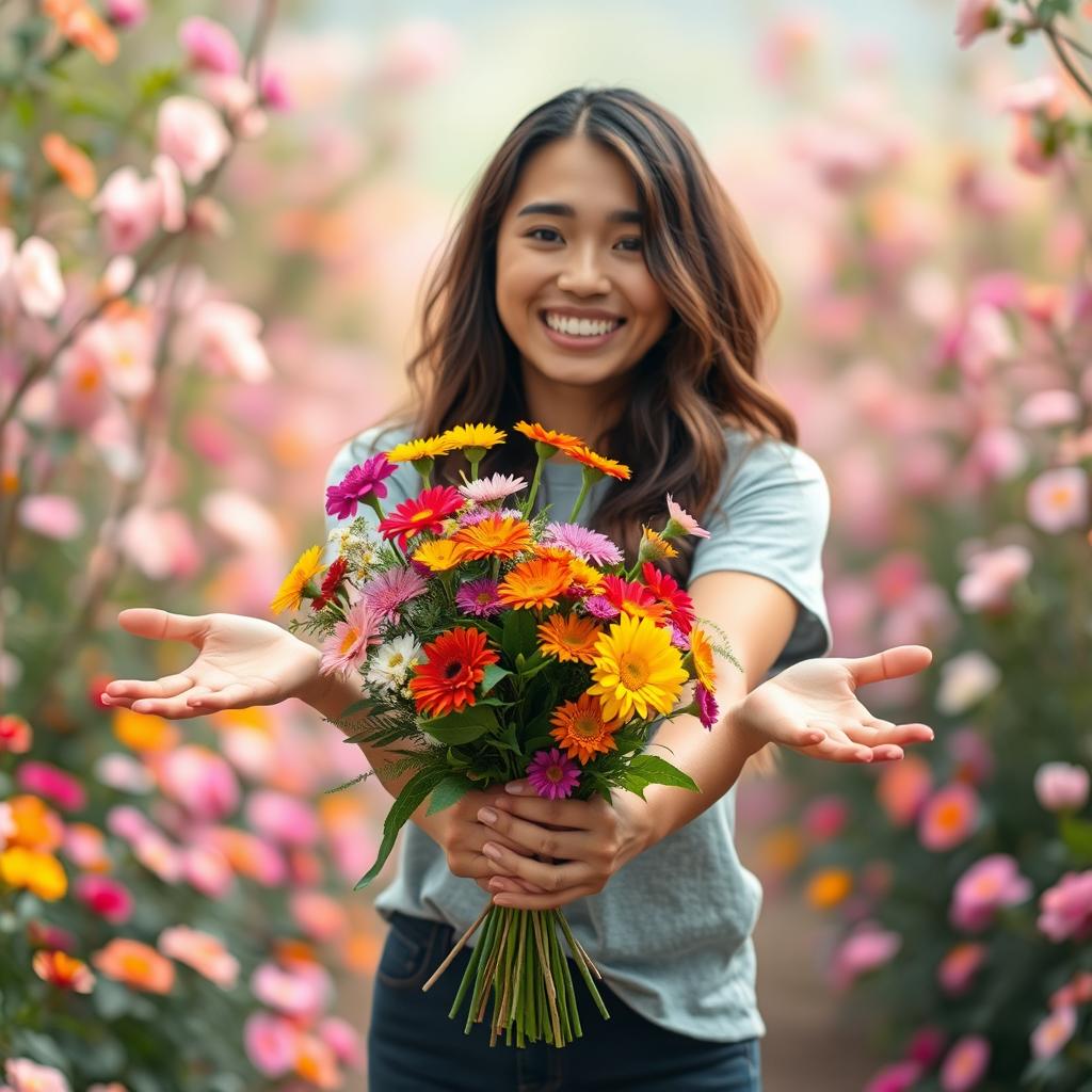 A cheerful person standing and smiling, outstretched hands presenting a bouquet of colorful flowers as if they are giving them as a gift