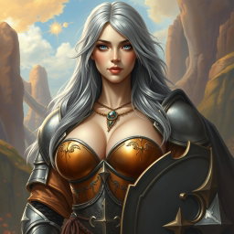 A beautiful busty shy cute Ukrainian Sun cleric healer, kind and slim, with long ash grey hair and very bright topaz blue eyes