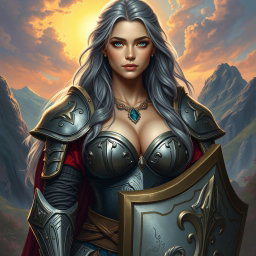 A beautiful busty shy cute Ukrainian Sun cleric healer, kind and slim, with long ash grey hair and very bright topaz blue eyes