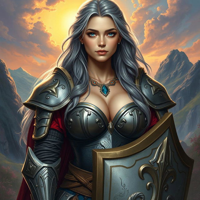 A beautiful busty shy cute Ukrainian Sun cleric healer, kind and slim, with long ash grey hair and very bright topaz blue eyes