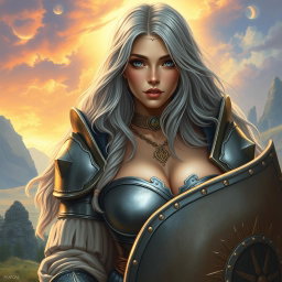 A beautiful busty shy cute Ukrainian Sun cleric healer, kind and slim, with long ash grey hair and very bright topaz blue eyes