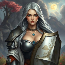 A beautiful busty shy cute Ukrainian Sun cleric healer, kind and slim, with long ash grey hair and very bright topaz blue eyes