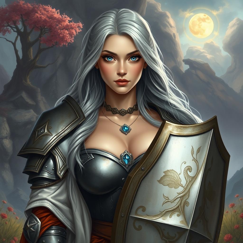 A beautiful busty shy cute Ukrainian Sun cleric healer, kind and slim, with long ash grey hair and very bright topaz blue eyes