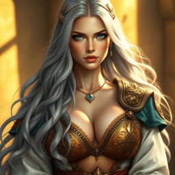 A beautiful and cute Ukrainian Sun cleric healer, with long ash grey hair flowing elegantly, bright topaz blue eyes that sparkle with kindness, and a round, caring face