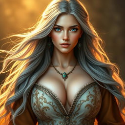 A beautiful and cute Ukrainian Sun cleric healer, with long ash grey hair flowing elegantly, bright topaz blue eyes that sparkle with kindness, and a round, caring face