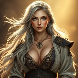 A beautiful and cute Ukrainian Sun cleric healer, with long ash grey hair flowing elegantly, bright topaz blue eyes that sparkle with kindness, and a round, caring face