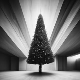 Abstract, avant-garde, monochrome architectural photograph of a stylized Christmas tree within a beautifully structured concrete room.