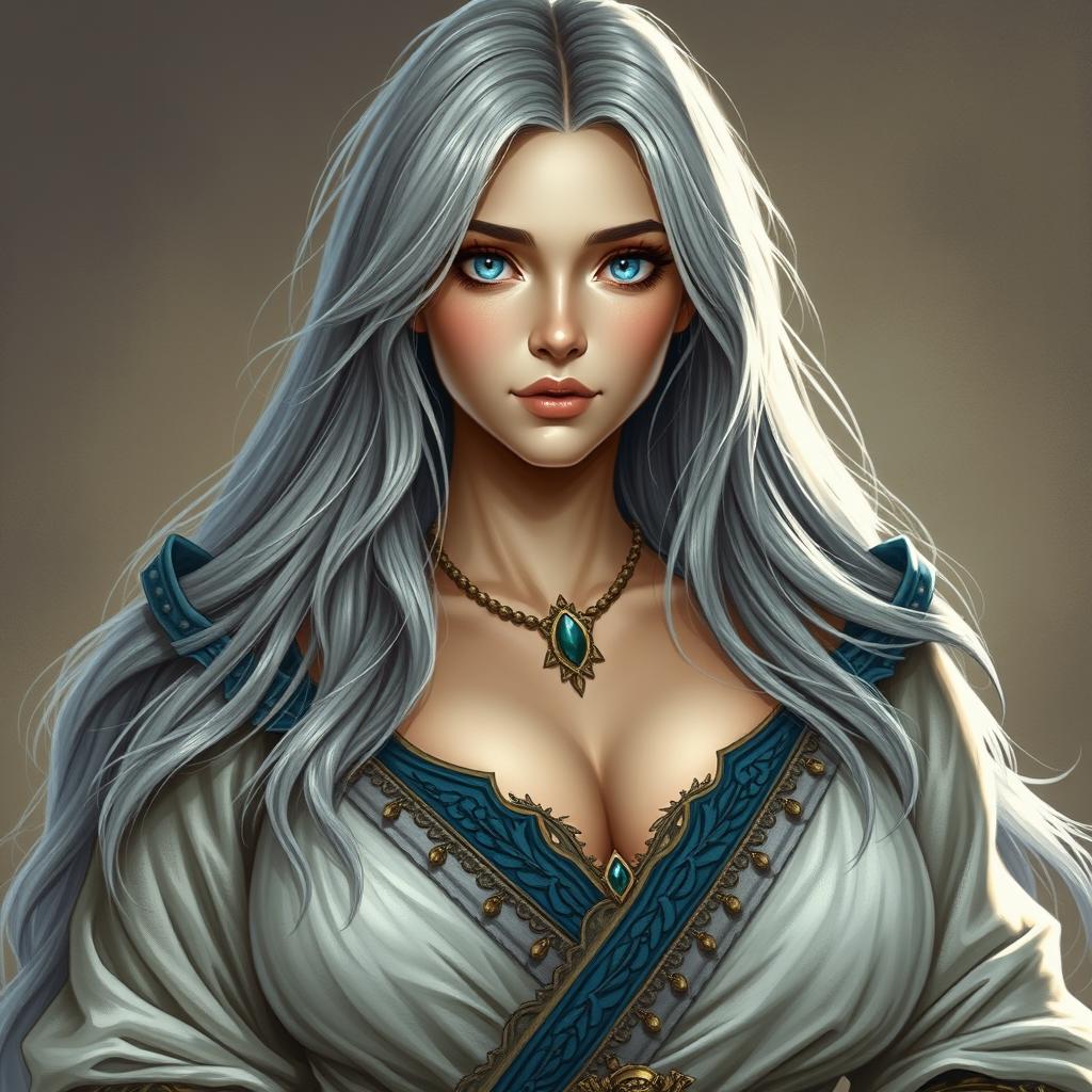 A beautiful, busty, shy yet cute Ukrainian sun cleric healer with long ash grey hair and very bright topaz blue eyes