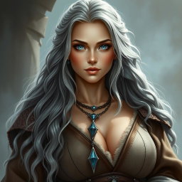 A beautiful, busty, shy yet cute Ukrainian sun cleric healer with long ash grey hair and very bright topaz blue eyes