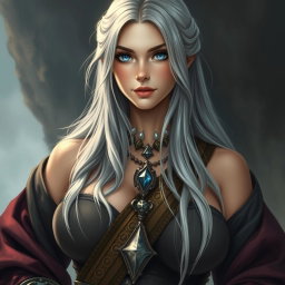 A beautiful, busty, shy yet cute Ukrainian sun cleric healer with long ash grey hair and very bright topaz blue eyes