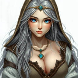 A beautiful, busty, shy yet cute Ukrainian sun cleric healer with long ash grey hair and very bright topaz blue eyes