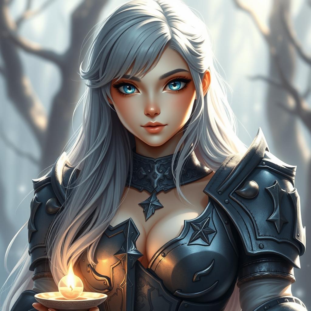 A beautiful, shy, and cute Ukrainian sun cleric healer girl with long ash grey hair and strikingly bright topaz blue eyes