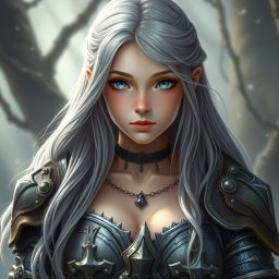 A beautiful, shy, and cute Ukrainian sun cleric healer girl with long ash grey hair and strikingly bright topaz blue eyes