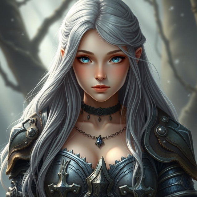A beautiful, shy, and cute Ukrainian sun cleric healer girl with long ash grey hair and strikingly bright topaz blue eyes