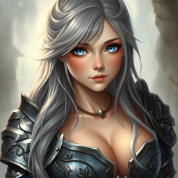 A beautiful, shy, and cute Ukrainian sun cleric healer girl with long ash grey hair and strikingly bright topaz blue eyes