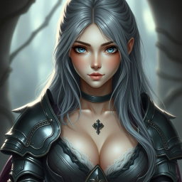 A beautiful, shy, and cute Ukrainian sun cleric healer girl with long ash grey hair and strikingly bright topaz blue eyes
