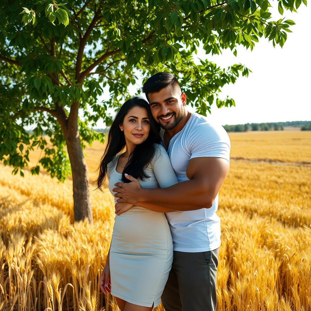 A scenic outdoor setting featuring a 45-year-old Iranian mother with black eyes, arched eyebrows, and long dark hair