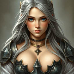 A beautiful busty Ukrainian sun cleric healer girl, characterized by her kind and caring round face