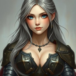A beautiful busty Ukrainian sun cleric healer girl, characterized by her kind and caring round face