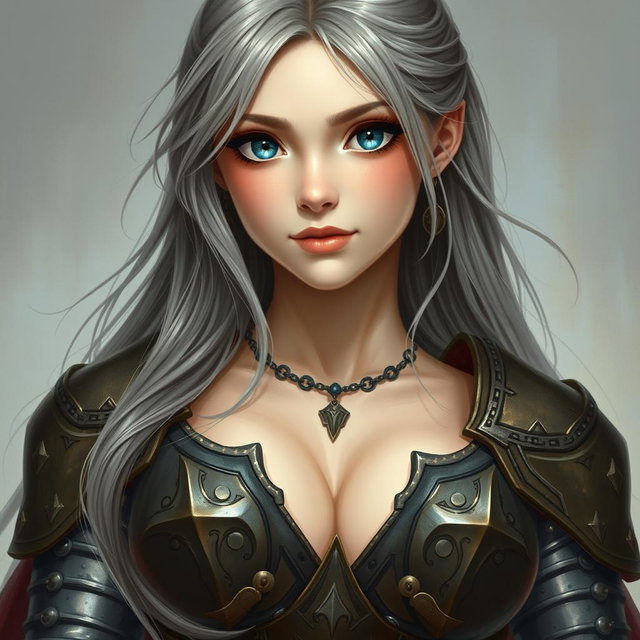A beautiful busty Ukrainian sun cleric healer girl, characterized by her kind and caring round face
