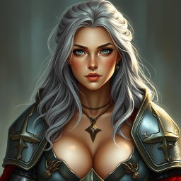 A beautiful busty Ukrainian sun cleric healer girl, characterized by her kind and caring round face