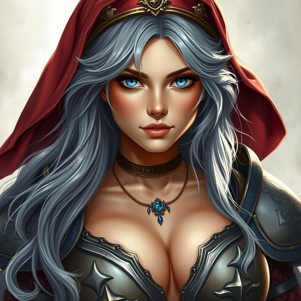 A beautiful busty Ukrainian sun cleric healer girl, characterized by her kind and caring round face