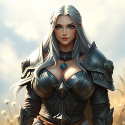 A beautiful, busty, shy and cute Ukrainian sun cleric healer with long ash grey hair