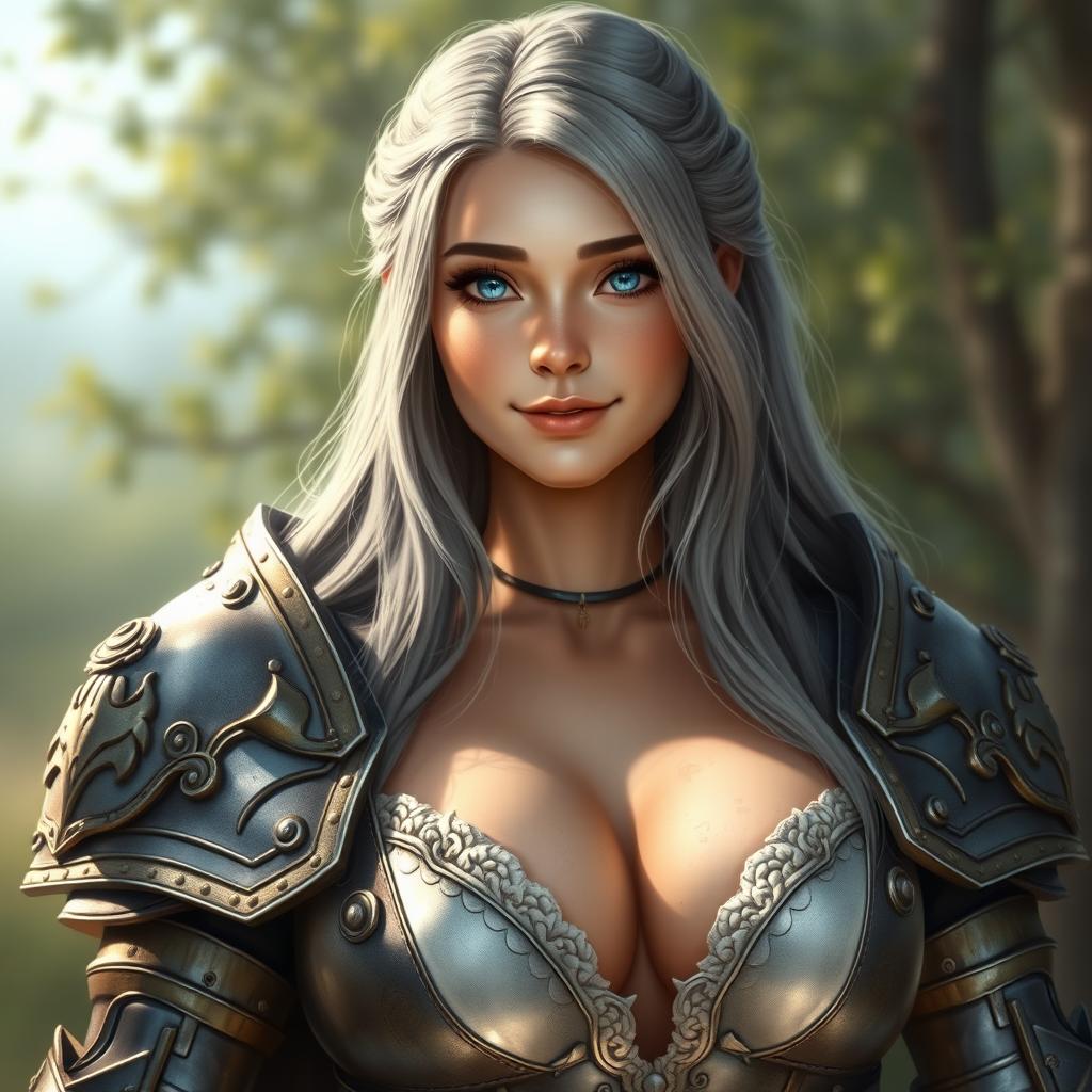 A beautiful, busty, shy and cute Ukrainian sun cleric healer with long ash grey hair